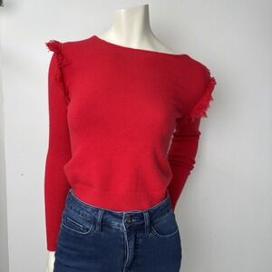 Red Fringe Shoulder Sweater Women's Small Fitted Stretch Knit Western Holiday